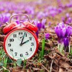 Classic,Alarm,Clock,Over,Spring,Flowers,Background.,Daylight,Saving,Time