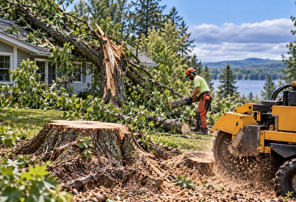 Storm-damaged tree removal and stump grinding at a Northern New York home after severe weather.
